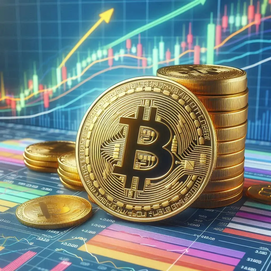 Image of Bitcoin with a backdrop of financial charts