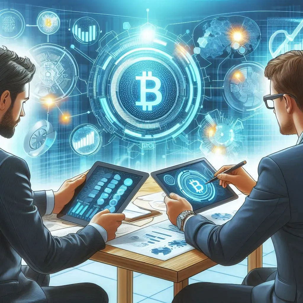 Investors analyzing blockchain data on digital devices