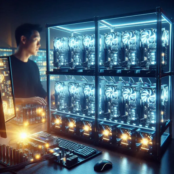 An computer specialist doing maintenance in a machine designed to mine cryptocurrencies